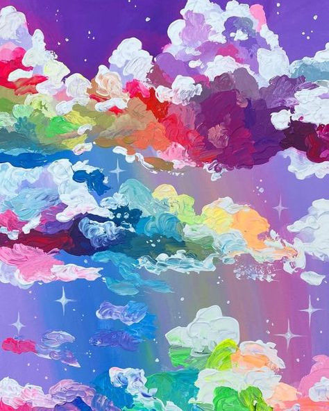 Trippy Clouds Painting, Painting Rainbows On Canvas, Rainbow Clouds Painting, Pride Painting Ideas On Canvas, Rainbow Art Aesthetic, Rainbow Flower Painting, Rain Cloud Art, Trippy Clouds, Pride Paintings