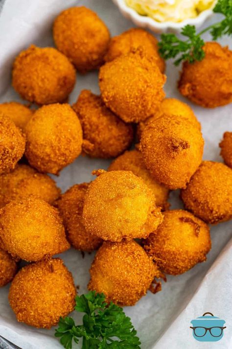 Overhead photo of stacked Homemade Hush Puppies on metal tray. Homemade Hush Puppies, Make Your Own Buttermilk, Hush Puppies Recipe, The Country Cook, Metal Tray, Basic Recipes, Fried Fish, Honey Mustard, Southern Recipes