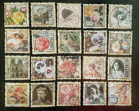 Faux Postage Stamps 2 Faux Postage Stamps, Junque Journal, Postage Stamps Crafts, Scrapbook Punches, Diy Stamps, Diy Postcard, Mail Art Envelopes, Stamps Vintage, Collage Book