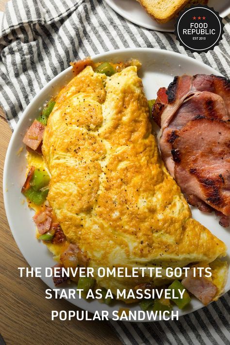 If you've ever visited a diner, you've almost certainly seen — and most likely tried — a Denver omelette. This iconic pairing of eggs with ham, onion, bell peppers, and often cheese (cheddar and Monterey Jack are the preferred varieties) is one of the few dishes named for an American city that actually has nationwide appeal; although depending on one's location, it may be known as a Western omelette instead. #denver #omelette #denveromelette Denver Sandwich, Western Omelette, Denver Omelette, Food Republic, Cheese Cheddar, American City, Monterey Jack, Bell Peppers, Monterey