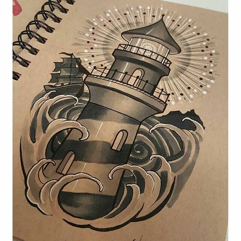 💗 Lighthouse Traditional Tattoo, Lighthouse Tattoo Design, Tattoo Lighthouse, Lighthouse Tattoo Meaning, Traditional Lighthouse Tattoo, Traditional Tattoo Drawings, Lighthouse Tattoo, Ocean Tattoos, Nautical Tattoo