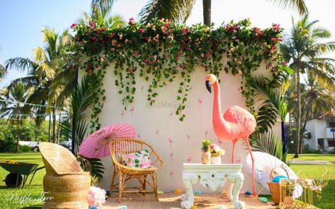 Flamingo Backdrop, Tropical Brunch, Bnb Ideas, Dark Foliage, Flamingo Themed Party, Mehendi Decor Ideas, Scenic Wedding, Destination Wedding Decor, Purple Tree