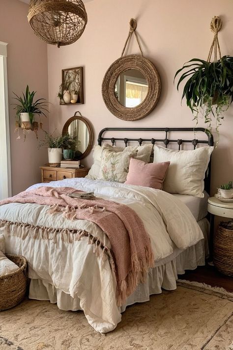 Dainty Bedroom, Dresser As Headboard, Light Pink And Gold Bedroom, Feminine Boho Bedroom, Victorian Dorm Room, Pink Accent Bedroom, Pink Western Bedroom Ideas, Grandma Chic Bedroom, Basement Room Ideas Bedrooms