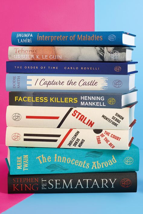 A bookstack of the Folio Summer 2023 Collection. The stack, from top to bottom, includes: Interpreter of Maladies by Jhumpa Lahiri, Tehanu by Ursula K. Le Guin, The Order of Time by Carlo Rovelli, Dodie Smith's I Capture the Castle, Faceless Killers by Henning Mankell, Stalin by Simon Sebag Montefiore, The Innocents Abroad by Mark Twain, Pet Sematary by Stephen King Carlo Rovelli, Benjamin Zephaniah, Douglas Smith, I Capture The Castle, Jhumpa Lahiri, Ursula K Le Guin, The Innocents, Bernard Cornwell, History Of Time