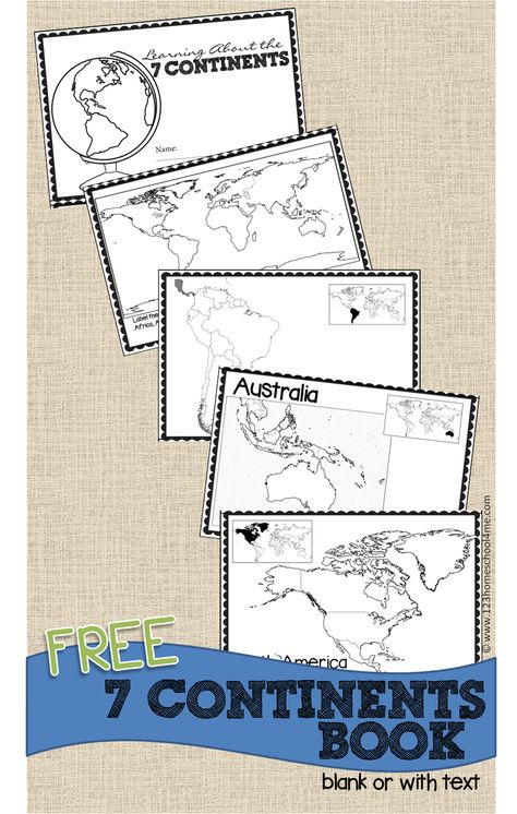 FREE Printable Continents book for kids perfect for geography for homeschool, kindergarten, 1st grade, 2nd grade, 3rd grade, 4th grade, 5th grade - includes both blank maps and labeled maps Movie 43, Montessori Geography, 3rd Grade Social Studies, Geography For Kids, Geography Activities, 4th Grade Social Studies, Continents And Oceans, Teaching Geography, 5th Grade Social Studies