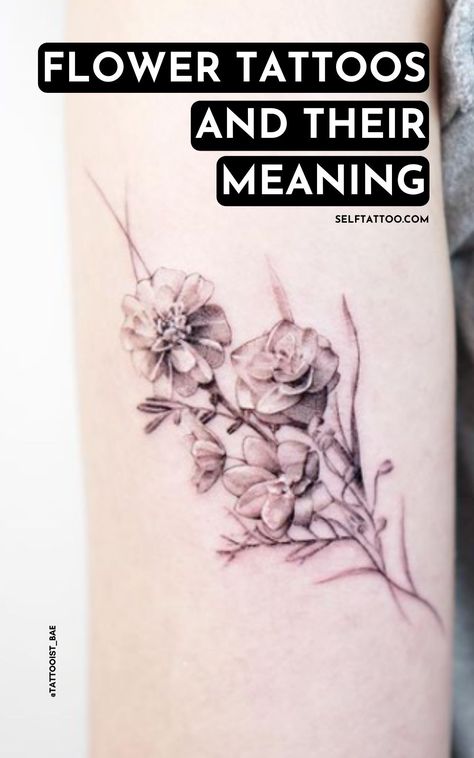 Are you thinking about getting a flower tattoo design? One of the things that is great about floral tattoos is the different tattoo designs out there - from mini tattoos to full sleeve, and from black and grey tattoos to watercolor florals, flower tattoos are a great choice. Click here to read more about the meaning behind flower tattoos. Self Tattoo Feminine Flowers Tattoo, Peony Tattoo With Words, Meaning Flower Tattoo, Flowers To Add To A Tattoo, Good Flowers For Tattoos, Black Watercolor Flower Tattoo, Flower Tattoo And Their Meaning, Peonies Tattoo Meaning, Japanese Flower Tattoo Black And Grey