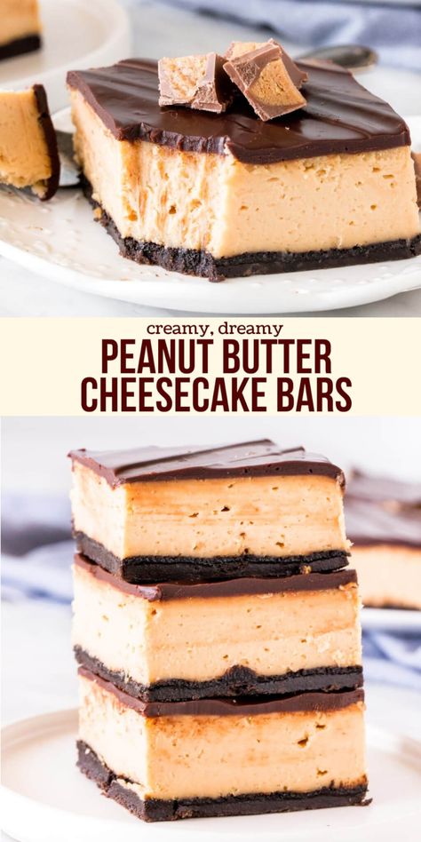 Peanut Butter Cheesecake Bars - creamy peanut butter cheesecake, a crunchy Oreo cookie crust, and a chocolate ganache topping make this the perfect peanut butter treat. I'm sharing all my tricks for the perfect peanut butter cheesecake.  #peanutbutter #cheesecake #chocolatepeanutbutter #bars #oreo #cookiecrust #recipe #dessert from Just So Tasty Peanut Butter Cheesecake Bars, Cheesecake Squares, Oreo Cookie Crust, Oreo Crust, Peanut Butter Cheesecake, Peanut Butter Desserts, Cheesecake Filling, No Bake Bars, Cheesecake Desserts