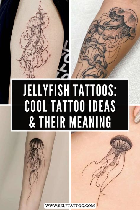 Explore the meaning of jellyfish tattoos with our insightful guide, perfect for those seeking floral and moon-inspired designs. Discover simple and small tattoos, as well as minimalist options ideal for expressing your style. Dive into our article for inspiration on creating fine line jellyfish tattoos that make a statement Small Marine Life Tattoos, Tattoo Jellyfish Minimalist, Jellyfish Tattoo Meaning, Jellyfish Back Tattoo, Sea Life Tattoos, Cool Tattoo Ideas, Self Tattoo, Tattoo Jellyfish, Tattoos Cool