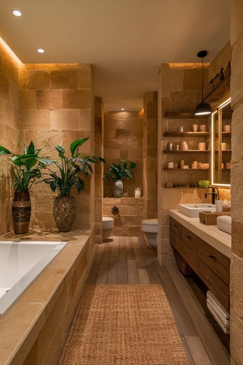 Elevate your bathroom with a mix of rustic and modern elements. Blend natural materials like wood and stone with greenery and elegant decor for a serene, spa-like escape. #BathroomLuxury #SpaInspiredBathroom #OrganicBathroomDesign #RusticCharm #ModernSophistication #GreenBathroomDecor #NaturalElements #BathroomGoals #WoodAndStone #SereneBathroom Luxury Spa Aesthetic Bathroom, Modern Mediterranean Master Bath, European Spa Bathroom, Modern Spa Bathroom Design, Spa Home Aesthetic, Afrohemian Decor Bathroom, Bathroom Cozy Aesthetic, Creme Bathroom, Couples Bathroom Ideas