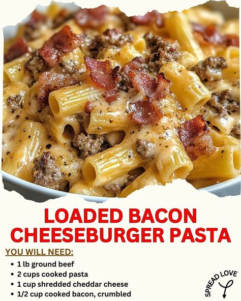 Hamburger And Bacon Recipes Dinners, Bacon Cheeseburger Alfredo, Cheeseburger Dinner Ideas, Cheese Burger Pasta Recipes, Loaded Cheeseburger Pasta, Loaded Bacon Cheeseburger Alfredo Pasta, Loaded Bacon Cheeseburger Pasta, Ground Beef And Alfredo Sauce, 1lb Hamburger Meat Recipes