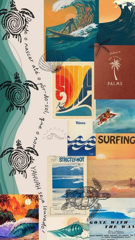 Surfer Collage Wallpaper, Surf Board Aesthetic Wallpaper, Hawaii Aesthetic Wallpaper Collage, Vintage Summer Wallpaper Iphone, Beachy Phone Backgrounds, Surf Background Wallpapers, Beachy Backgrounds Aesthetic, Summer Computer Wallpaper Aesthetic, Beachy Pics For Wall