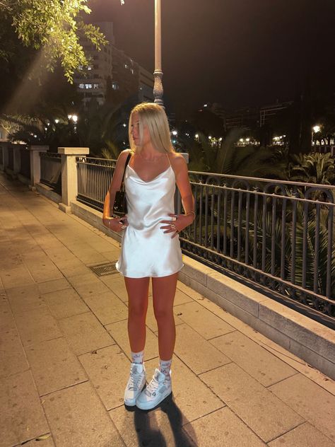 White Silk Mini Dress Outfit, Dress And Jordans, Dress With Jordans, White Silk Mini Dress, Mini Dress Outfits, Summer Ootd, Mini Slip, Ootd Summer, Silk Mini Dress