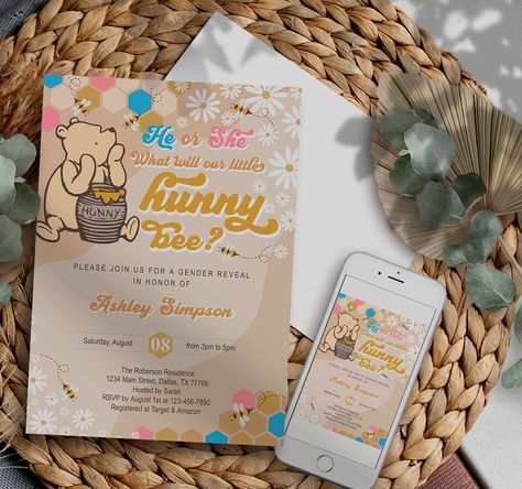 Excited to share this item from my #etsy shop: EDITABLE Classic Winnie the Pooh gender reveal invitation, He or She, What will our little hunny bee, digital, printable, Instant Download Winnie Pooh Gender Reveal Ideas, Whinney Pooh Gender Reveal, Classic Winnie The Pooh Gender Reveal, Winnie The Pooh Gender Reveal Invitation, Pooh Bear Gender Reveal, Gender Reveal Winnie The Pooh Theme, Winnie The Pooh Gender Reveal Ideas, Pooh Gender Reveal, Winnie The Pooh Gender Reveal