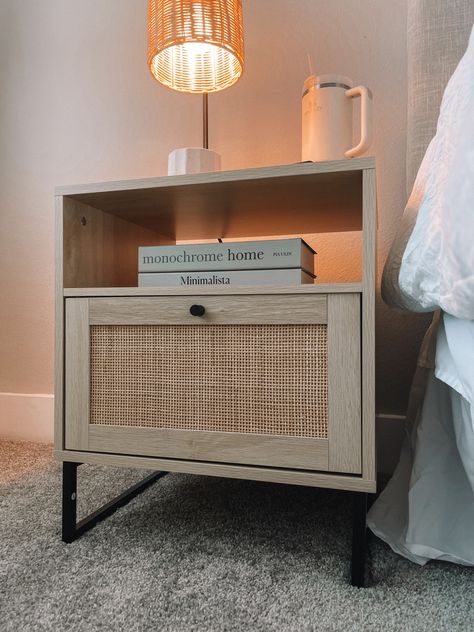 Night Stand Inspiration, Diy Boho Nightstand, Rattan Nightstand Bedroom Ideas, Boho Bed Side Tables, Styling Nightstand Bedside Tables, Night Stand Aesthetic Boho, Amazon Bedside Table, Rattan Bedroom Nightstands, Amazon Nightstand