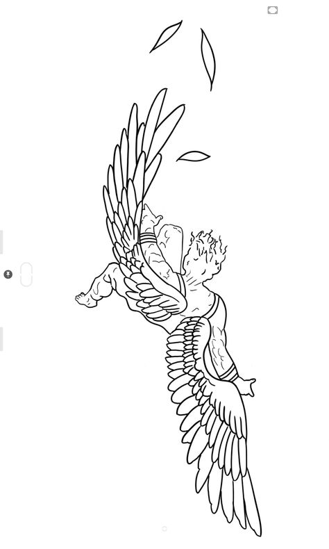 Icarus Tattoo Design Simple, Icarus Tattoo Stencil, Icarus Tattoo Minimalist, Icarus Falling Tattoo, Icarus Drawing, Hermes Tattoo, Tattoo Real, Icarus Tattoo, Fallen Angel Tattoo