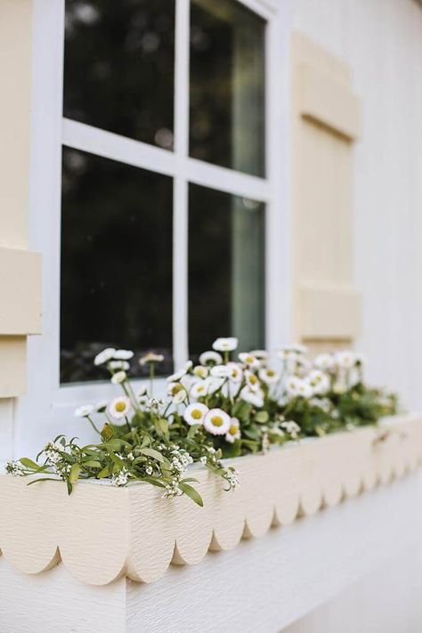 DIY Scallop Flower Box - What Dreams May Become Flower Box Fence, Flower Box On Fence, Flower Box Fake Flowers, Diy Flower Boxes Window, Farmette Ideas, Flower Boxes Diy, Diy Window Boxes, White Planter Boxes, Flower Box Ideas