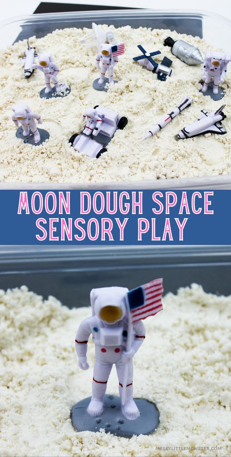 Homemade moon dough recipe. Space sensory play for kids. Space Messy Play Ideas, Space Experiments For Kids, Moon Dough Recipe, Babies Activities, Space Sensory, Moon Dough, Homemade Moon Sand, Space Activity, Sensory Play Recipes