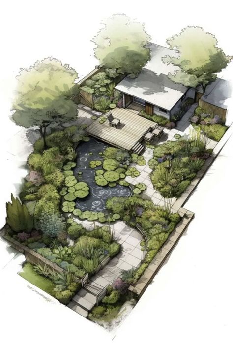 Botanical Garden Architecture Plan, Sketchup Garden Design, Japanese Garden Concept Art, Jardin Permaculture Design, Zen Garden Plan, Jade Design, Landscape Design Drawings, Landscape Architecture Drawing, Seni Dan Kraf