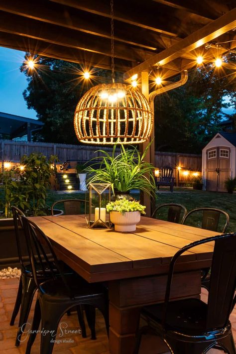 Easy DIY Outdoor Chandelier without Electricity | ©️GarrisonStreetDesignStudio | DIY | Outdoor | Chandelier | Without Electricity | Easy | Basket | Magic Light Trick | Battery Powered | Patio | Ideas | Covered Patios | DIY Patio Lighting Ideas | Hanging | Pendant | Porch | Wedding | Boho | Modern | Rustic | Project | Outside Chandelier Ideas | Exterior light Fixture | Gazebo | Outdoor Lanterns | Backyard | How to | Large |Pergola | Rattan | Hyacinth Basket | Not Hard Wired | Wireless Backyard Lantern Ideas, Gazebo Solar Lighting Ideas, Outdoor Hanging Lights Pergola, Diy Outdoor Pendant Light, Outdoor Pergola Lighting Ideas, Outdoor Chandelier Diy, Outdoor Chandelier Ideas, Diy Solar Lights Ideas, Outdoor Lanterns Patio