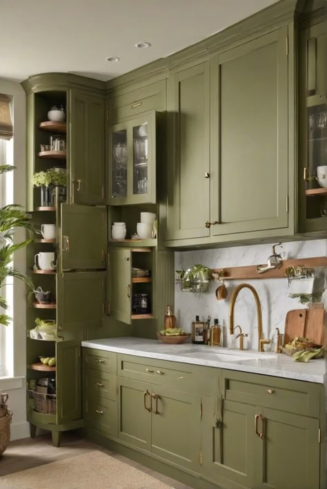 Olive Green Cabinets, Pros and Cons, Kitchen Cabinets, Interior Design inspiration U Shaped Kitchen Green, Moss Green Cabinets, Olive Green Cupboards, Olive Color Kitchen, Olive Green And Wood Kitchen, Olive Green And White Kitchen, Olive Green Cabinets Kitchen, Olive Kitchen Cabinets, Kitchen Cabinet Doors Styles