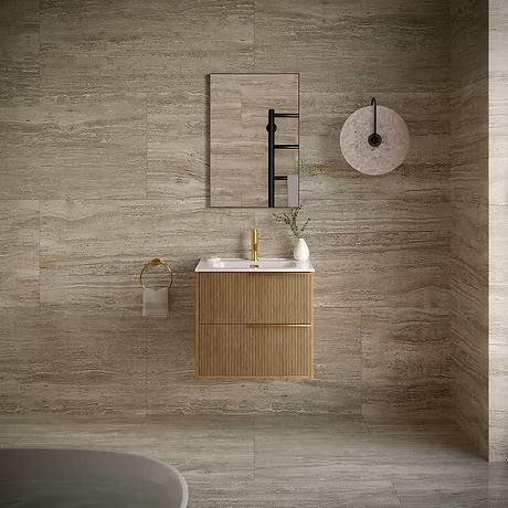 Kora Vanities | Tilebar.com Bath Stool, Silver Cabinets, Minimalist Space, Transitional Vanity, Brown Cabinets, Mounted Vanity, Glass Subway Tile, Cabinet Dimensions, Cabinet Finishes