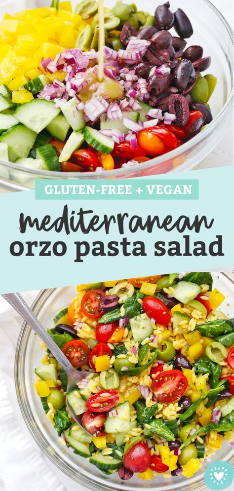 Mediterranean Orzo Pasta Salad - This yummy orzo pasta salad recipe uses a rainbow of veggies + a bright vinaigrette to make a fresh, delicious dish everyone will want the recipe for. (Gluten-Free, Vegan) // Pasta Salad // gluten-free pasta salad // vegan pasta salad #pastasalad #pasta #orzo #salad #summer Pasta Salad Gluten Free, Mediterranean Orzo Pasta, Mediterranean Orzo Pasta Salad, Pasta Orzo, Pasta Salad Vegan, Orzo Pasta Salad Recipe, Mediterranean Orzo, Gluten Free Pasta Salad, Vegan Pasta Salad