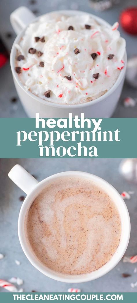 This Healthy Peppermint Mocha is the perfect holiday drink! Requiring only 5 ingredients, it's easy to make, paleo, vegan, and cheaper than Starbucks! You can make this homemade latte with regular milk or keep it dairy free with almond milk. This skinny peppermint mocha has only 58 calories and is sooo delicious! Healthy Peppermint Mocha Creamer, Healthy Peppermint Mocha Starbucks, Hot Peppermint Mocha Recipe, Dairy Free Peppermint Mocha Creamer, Diy Peppermint Mocha Coffee, Homemade Peppermint Tea, Peppermint Mocha Coffee Recipe, Homemade Peppermint Mocha Coffee Creamer, Make Your Own Starbucks Drinks Homemade