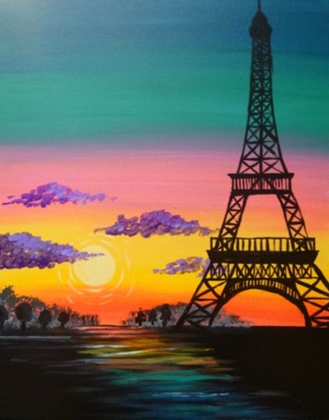 Paris sunset Painting Library, Eiffel Tower Painting, Eiffel Tower Art, Paris Painting, Paris Art, Simple Acrylic Paintings, Small Canvas Art, Beginner Painting, The Eiffel Tower