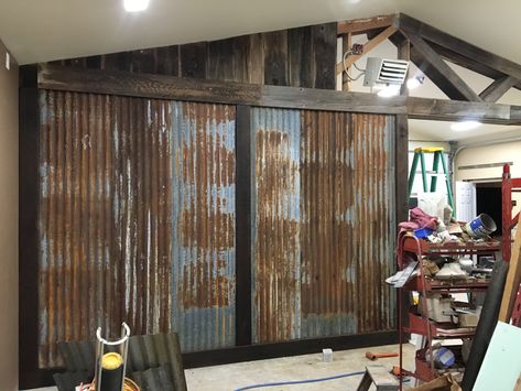 Furniture Garage wall tin and wood Garage With Tin Walls, Rustic Tin Walls, Metal And Wood Walls, Tin Interior Walls, Corigated Metal Walls Rustic, Tin Walls Rustic, Tin And Wood Walls, Barn Tin Wall, Galvanized Tin Walls