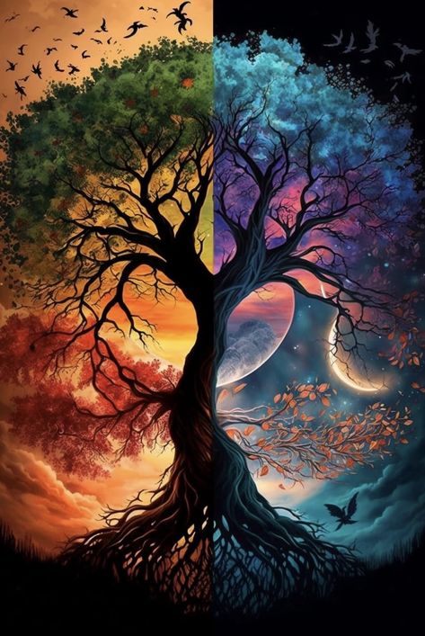 Tree Of Life Background, Nature Realistic Painting, How To Draw The Tree Of Life, Beautiful Sunrise Painting, Tree Of Life Painting Ideas, Colorful Tree Tattoo, Tree Of Life Wallpaper, Tree Of Life Artwork, Painting Realistic