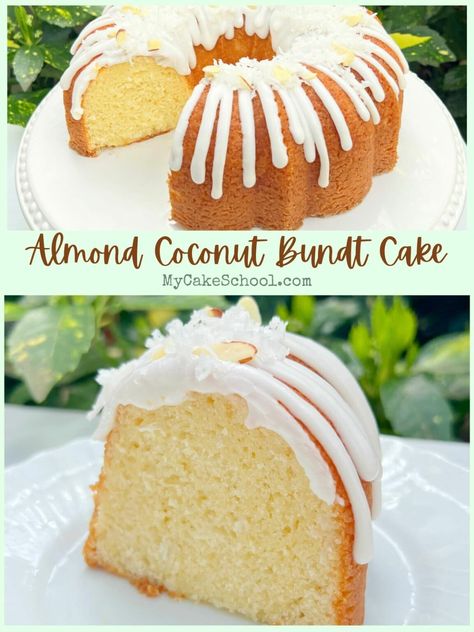 Moist Coconut Cake Recipe From Scratch, Moist Coconut Cake Recipe, Almond Bundt Cake, Coconut Bundt Cake, My Cake School, Bundt Cake Recipes, Coconut Pound Cakes, Bundt Recipes, Simple Cakes