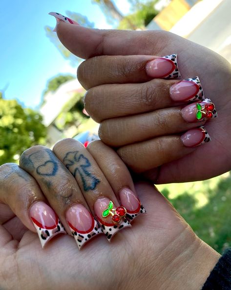 Cheetah print and cherrys😍🍒 . . . Dm to book!💖 @nailed.byjennie #shortnails #ducknails #y2knails #cheetahprintnails #blingnails #frenchnails #nailsnailsnails #nailsofinstagram #fresnonails #fresnonailtech #explorepage Croc Print Duck Nails, Duck Nails 90s, Cheetah Short Nails, Duck Nails Cheetah Print, Cute Short Sets Nails, Cherry And Cheetah Nails, Cheetah Duck Nails, Short Acrylic Nails Duck, Cheetah Print Nails With Cherry