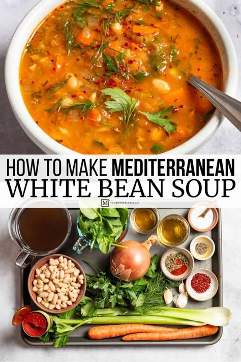 Mediterranean white bean soup recipe packed with protein, vitamins, spinach, dill, and parsley. An easy cannellini beans recipe. Mediterranean Soup, Cannellini Beans Recipes, Mediterranean Recipes Healthy, White Bean Soup Recipes, Mediterranean Diet Recipes Dinners, Bean Soup Recipe, The Mediterranean Dish, Easy Mediterranean Diet Recipes, Nutrition Food