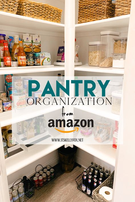 Pantry organization ideas, pantry shelving ideas, kitchen pantry organization, organization ideas for the home, organization hacks, organized pantry #founditonamazon #amazonfinds #amazonmusthaves #amazon How To Organize Pantry Shelves Food, Pantry Basket Ideas, Organizing Kitchen Pantry Ideas, Large Shop Organization Ideas, L Shaped Pantry Organization Ideas, L Pantry Organization, Walk In Pantry Organization Layout, U Shaped Pantry Organization, Creative Pantry Storage