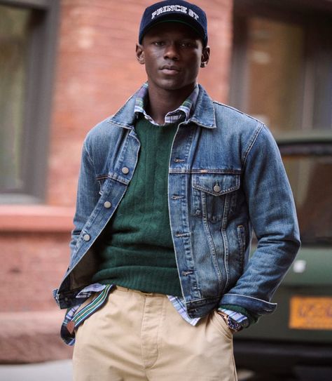 Men Jean Jacket Outfits, Ralph Lauren Style Men, Vintage Ralph Lauren Aesthetic, Denim Outfit Men, Mon Dressing, Men Streetstyle, School Prep, Ralph Lauren Fall, Jean Jacket Outfits