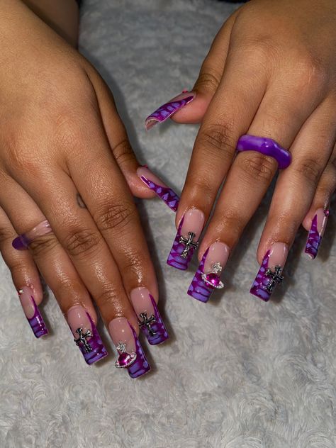 Purple French Tip Birthday Nails, Baddie Acrylic Nails With Charms, Purple French Tip Nails With Charms, Birthday Nails Inspiration Purple, Purple Cross Nails, Purple Croc Print Nails, Croc Nails With Charms, Black Croc Nails Acrylic, Cute Short Nails Purple