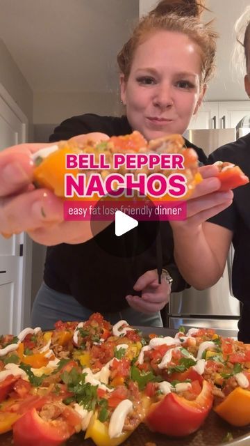 Megan Porter | Recipes & Fat Burning for Women 30+ on Instagram: "How to make Bell Pepper Nachos!   📍PS: comment “Pantry” and I’ll send you a full list of My go-to pantry & fridge essentials with discount codes to all my favorite brands and  over 40 recipes, throw together meals and snack ideas for fat loss   1️⃣Brown ground beef or turkey, add taco seasoning and a can of rotel tomatoes with green chilies   2️⃣Add the meat mixture to bell peppers, either mini bell peppers cut in half or large bell peppers cut up, top with cheese and bake at 400F for 5-7 minutes   3️⃣ add whatever toppings you want. I did jalapeños, diced tomatoes, sour cream and fresh cilantro   For more fat loss family friendly recipes follow @meganroseporter  #fatlossfood #fatlossmotivation #lowcarbdinner #lowcarbrecipe Throw Together Meals, Bell Pepper Nachos, Pepper Nachos, Mini Bell Peppers, Fridge Essentials, Easy Nachos, Pantry Fridge, Family Friendly Recipes, Rotel Tomatoes