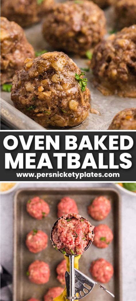 Easy Oven Baked Meatballs are juicy, tender, and super flavorful. These baked ground beef meatballs are ready in 35 minutes with no grease splatter to cleanup which makes them the perfect meal any day of the week. Serve them over pasta, as an appetizer, in a sandwich, or get ahead with your meal prep by doubling the batch and freezing some for later! | www.persnicketyplates.com Oven Meatballs Recipe, Oven Meatballs, Bowl Of Spaghetti, Italian Nonna, Oven Baked Meatballs, Ground Beef Meatballs, Baked Meatballs, Homemade Marinara Sauce, Tender Meatballs