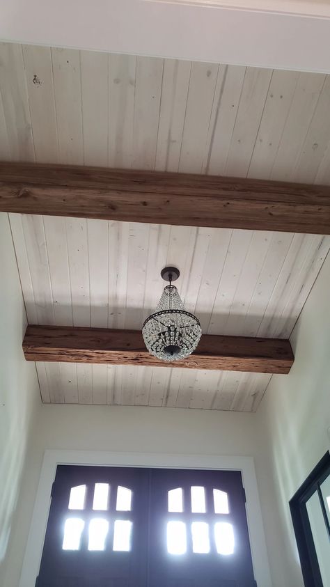 Mushroom Wood Box Beams on White Washed Wood Ceiling | CEILINGS White Wash Ceiling, Shiplap Room, White Washed Pine, Beams Living Room, Oak Beams, Vaulted Ceiling Living Room, Shiplap Ceiling, Porch Ceiling, Beadboard Ceiling