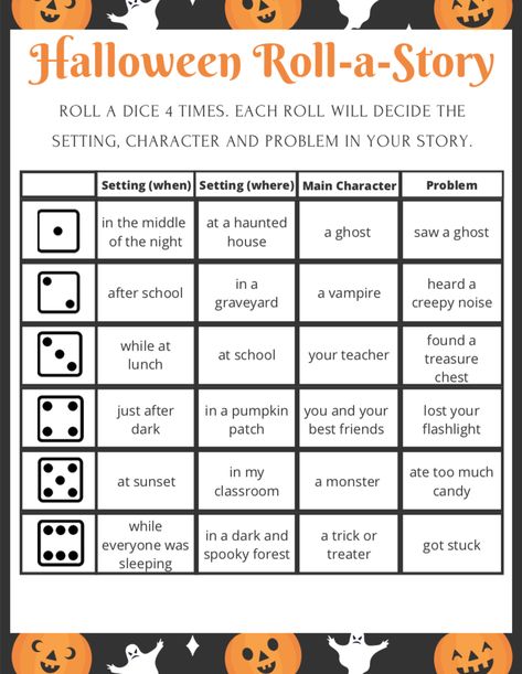 Grade 4 Halloween Activities, Roll A Story Halloween, Halloween Teaching Ideas, Halloween Stations For 2nd Grade, Halloween Homeschool Lessons, Halloween Roll A Story, Halloween Academic Activities, Halloween English Activities High School, 2nd Grade Halloween