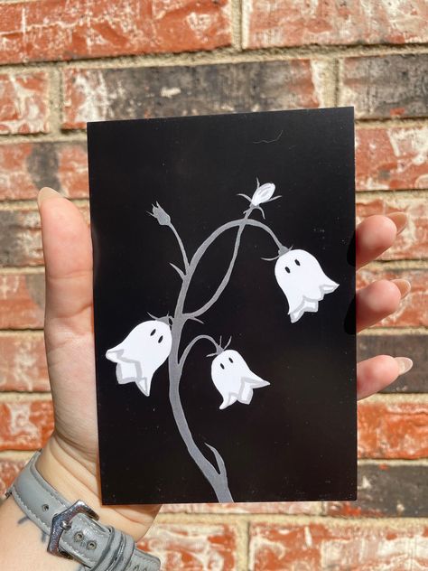 Boo bells print. Ghost Blue bells. Printed on extra heavy card stock in matte. Print size: 4" Width x 6" Height No frame included. Prints of original art that was hand drawn and painted using gouache paint.  Check out my Instagram @studiojazminart Halloween Small Paintings, Ghost Under Street Light Painting, Fall Art Painting Canvases, Spooky Paint Night Ideas, Diy Black Canvas Art Easy, Gouache Ghost, Cute Spooky Paintings Easy, Halloween Themed Paintings On Canvas, Easy Crafts Adults