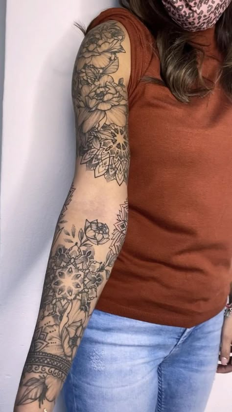 Full Sleeve Mandala Tattoos Women, Peonies And Mandala Tattoo, Floral And Mandala Tattoo Sleeve, Mandala Flower Tattoos Forearm, Mandala Elbow Tattoo Women, Flowers And Mandala Tattoo, Mandala Arm Sleeve, Peony Tattoo Arm, Mandala And Flower Tattoo