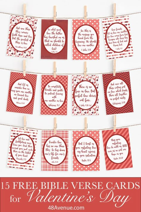 Colorful Photo of 12 FREE Printable Bible Verse cards for Valentine's Day attached to hanging strings by a clothespin. Church Valentines Crafts, Free Printable Bible Verse Cards, Free Printable Scripture Cards, Christian Valentines Cards, Valentine Verses, Free Printable Scripture, Valentines Scripture, Valentines Bible Verse, Valentines Banquet