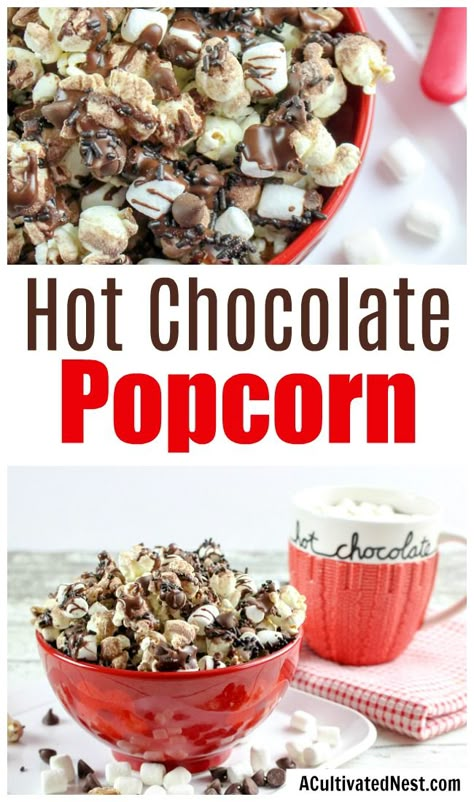 Hot Chocolate Popcorn- Love chocolate and love popcorn? You can enjoy both together in this hot chocolate popcorn recipe! This chocolatey dessert popcorn is the perfect winter treat for after school or family movie night! | easy chocolate snack recipe idea,  #dessertrecipes #popcorn #recipes #popcornrecipes #acultivatednest Dessert Popcorn, Chocolate Popcorn Recipe, Popcorn Recipes Chocolate, Cooking Popcorn, Winter Desserts Easy, Winter Snacks, Popcorn Recipes Easy, Winter Snack, Popcorn Treats