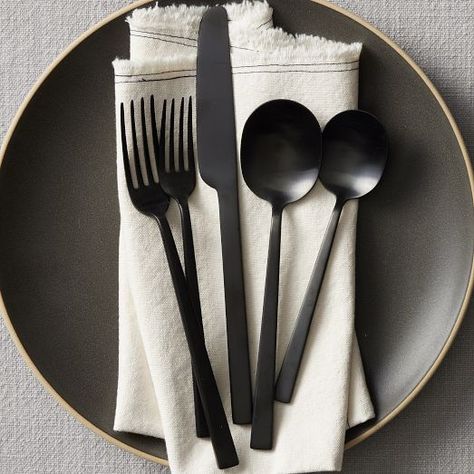 Mirror All Flatware Sets | West Elm Black Utensils, Black Cutlery, Black Flatware, West Elm Kids, Stoneware Dinnerware Sets, Stoneware Dinnerware, Dinner Fork, Stainless Steel Flatware, Forks And Spoons