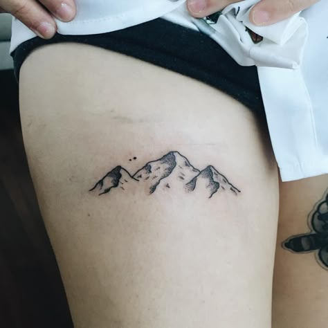 Tattoos by Olivia Harrison - mountains for maria  october 23 / 2015 Mountain Tattoo Above Knee, Small Mountain Tattoo, Tattoo Mountain, Olivia Harrison, Mountain Tattoos, Indian Feather Tattoos, Earthy Tattoos, Mountain Tattoo Design, Stick N Poke Tattoo