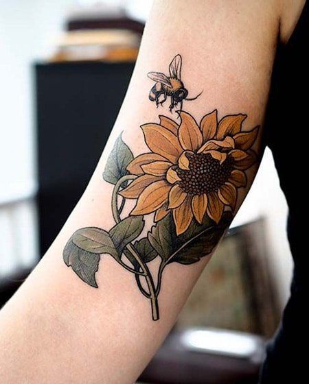 100 Inspiring Bee Tattoo Designs For 2022 - The Trend Spotter Mandala Arm Tattoo, Dotwork Tattoo Mandala, Bumble Bee Tattoo, Shape Tattoo, Muster Tattoos, Delicate Tattoo, Sunflower Tattoos, Bee Tattoo, Sunflower Tattoo Design