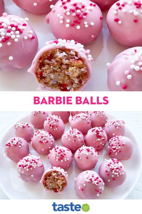 These truffles are everything, he's just Ken. I couldn't think of any better way to celebrate the Barbie-mania sweeping the globe right now than with bright pink, no-bake dessert balls. This recipe is super-easy, combining retro Iced Vovo biscuits with just two more ingredients (yes, one of them is condensed milk!) to create sweet jammy-centred truffles. Of course I had to coat them in pink chocolate and pink sprinkles to drive all the Barbie fans wild. The best part of these truffles is they ca Barbie Inspired Dessert, Barbie Themed Sweets, Barbie Sweets, Pink Baking, Barbie Baking, Barbie Themed Snacks, Barbie Recipes, Pink Barbie Food, Barbie Themed Food Ideas