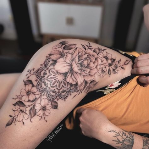 Mandala Hip Tattoo, Mandala Tattoo Shoulder, Thigh Tattoo Ideas, Mickey Tattoo, Tummy Tattoo, Rib Tattoos For Women, Flower Thigh Tattoos, Tattoos To Cover Scars, Hip Thigh Tattoos