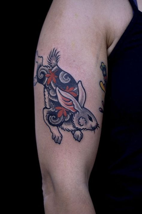 Traditional Japanese Rabbit Tattoo, Asian Rabbit Tattoo, Usagi Tattoo, Japanese Rabbit Tattoo, Ukiyoe Tattoo, Japanese Rabbit, Most Beautiful Tattoos, Minimalistic Tattoo Ideas, Bunny Tattoo